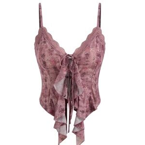 Cider Carmine Lace Ruffle Tie-Front Floral Cami Top – Size L (US 8)